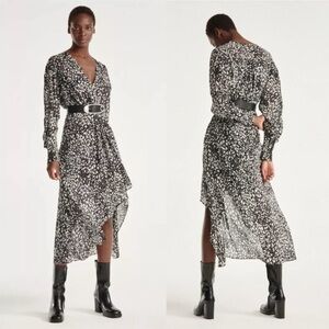 NWT The Kooples 2 Black White Animal Print Spotted Midi Long Sleeve Dress